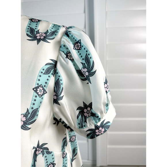 Amour Vert Box Silk Twill Tiered Geo Seafoam Puff Sleeve Sm NWT - Picture 3 of 9